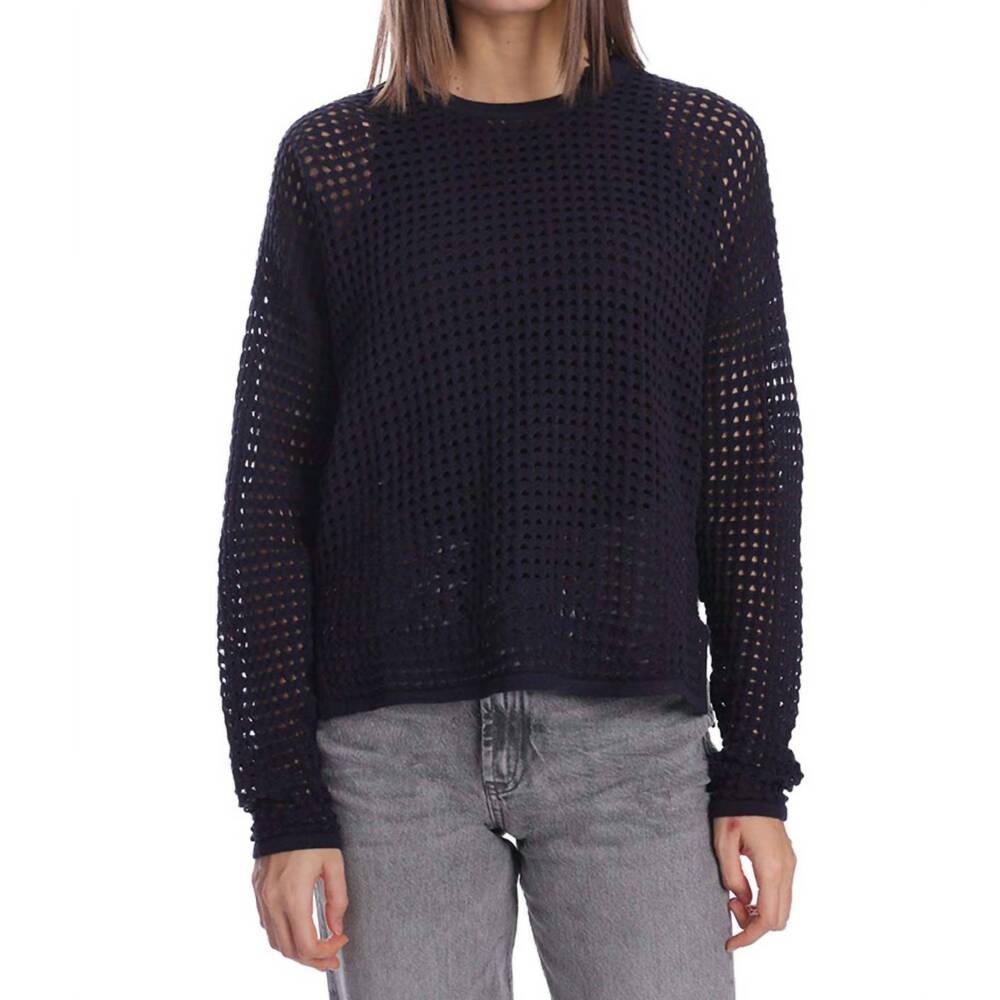 NEW MINNIE ROSE cotton cashmere open stitch pullover top in navy